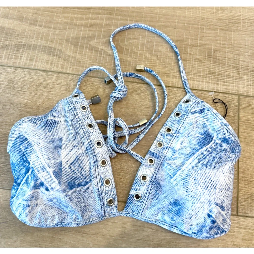 NEW L'AGENCE ANNABELLE DENIM TRIANGLE BIKINI SWIMSUIT SWIM TOP SZ XL